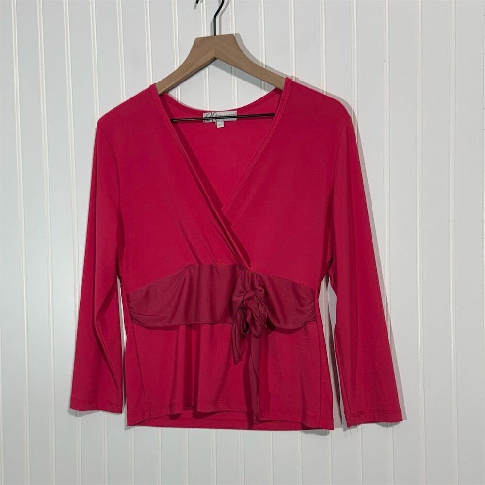 Dressbarn Pink Wrap Top L Long Sleeve Stretch Sash Tie VNeck‎ USA Boho Career